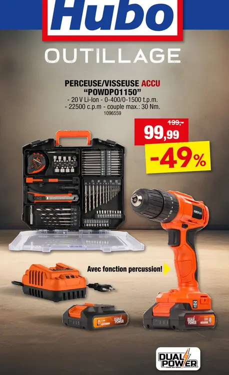 Offre: Powerplus Dual Power POWDPO1150 perceuse-visseuse à percussion sans fil 20V Li-Ion + 2 batteries + chargeur + 78 accessoires