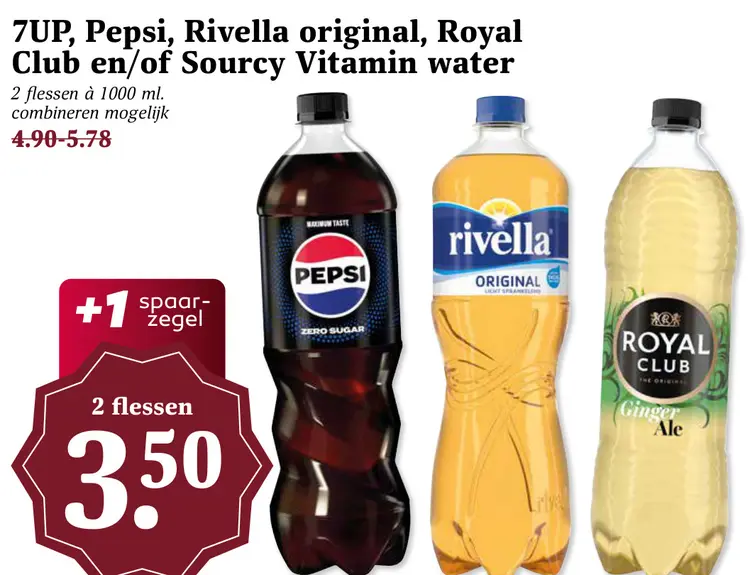 Aanbieding: 7UP, Pepsi, Rivella original, Royal Club en/of Sourcy Vitamin water