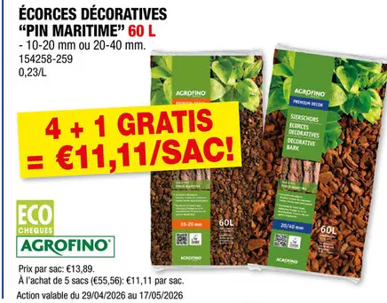 Offre: Agrofino Premium Decor écorces décoratives 10-20 mm 60l pinus maritima
