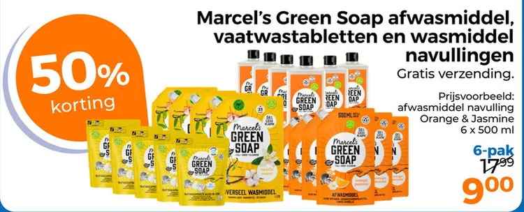 Aanbieding: Marcel's Green Soap afwasmiddel, vaatwastabletten en wasmiddel navullingen