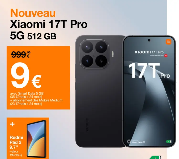 Offre: Xiaomi 17T Pro 5G 512 GB + Redmi Pad 2