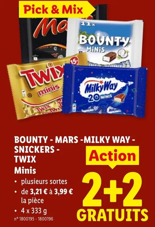Offre: BOUNTY - MARS - MILKY WAY - SNICKERS - TWIX Mini's