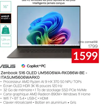 Offre: Zenbook S16 OLED UM5606WA-RK086W-BE - ITASUM5