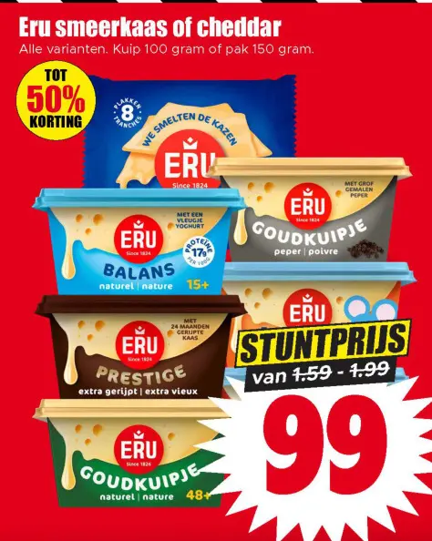 Aanbieding: Eru smeerkaas of cheddar
