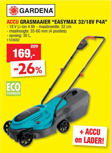 Promotie: Gardena EasyMax 32/18V P4A accu grasmaaier 18V Li-Ion 32cm