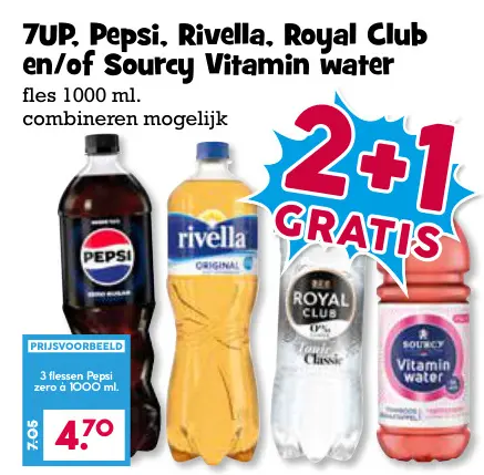 Aanbieding: 7UP, Pepsi, Rivella, Royal Club en/of Sourcy Vitamin water