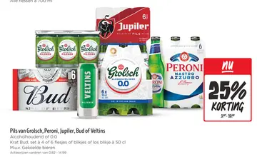 Aanbieding: Pils van Grolsch, Peroni, Jupiler, Bud of Veltins