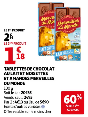 Promotie: Tablettes de chocolat au lait et noisettes et amandes merveilles du monde