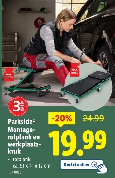 Aanbieding: Montage-rolplank en werkplaatskruk