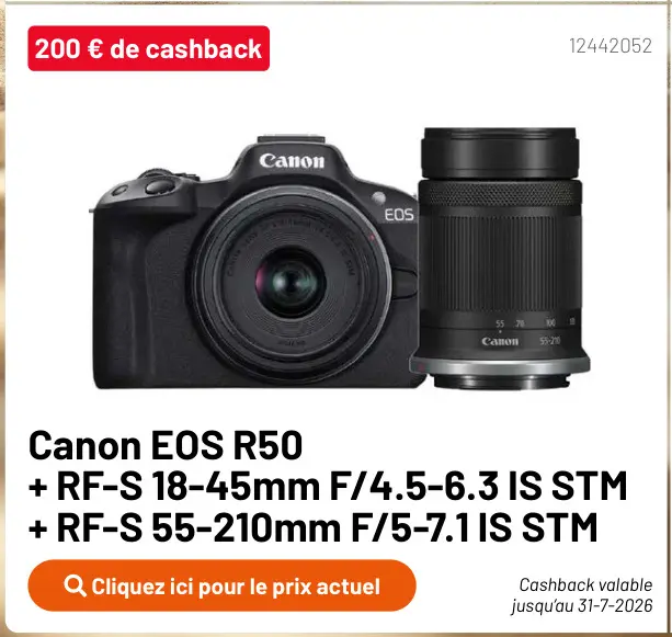 Offre: EOS R50 + RF-S 18-45mm F/4.5-6.3 IS STM + RF-S 55-210mm F/5-7.1 IS STM