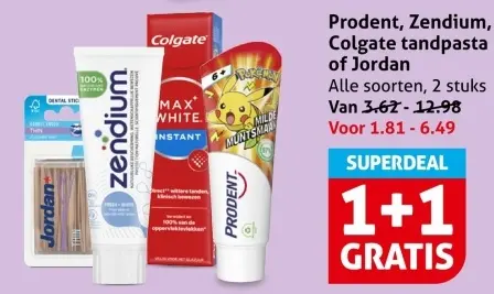 Aanbieding: Prodent, Zendium, Colgate tandpasta of Jordan