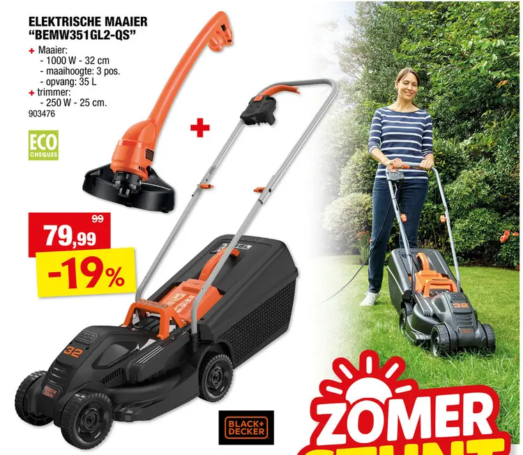 Promotie: BEMW351GL2-QS elektrische grasmaaier 1000W 32cm + trimmer 250W 23cm