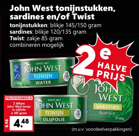 Aanbieding: John West tonijnstukken, sardines en/of Twist