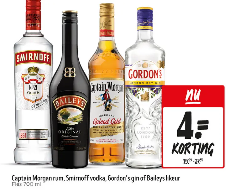 Aanbieding: Captain Morgan rum, Smirnoff vodka, Gordon's gin of Baileys likeur