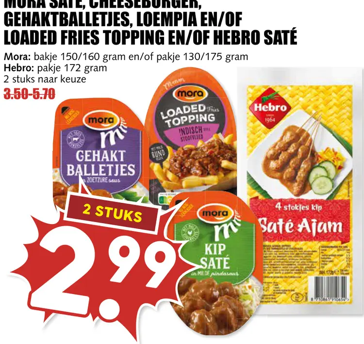 Aanbieding: Sate, Cheeseburger, Gehaktballetjes, Loempia en/of loaded fries topping en/of hebro saté