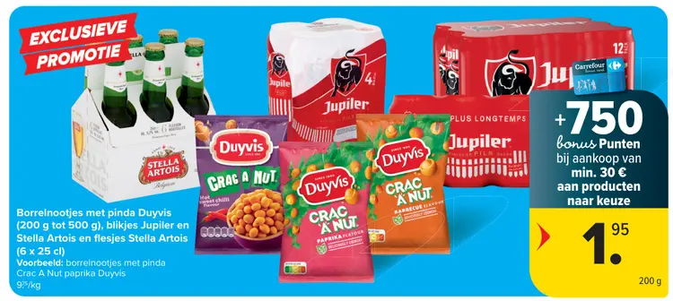 Promotie: Borrelnootjes met pinda Duyvis, blikjes Jupiler en Stella Artois en flesjes
