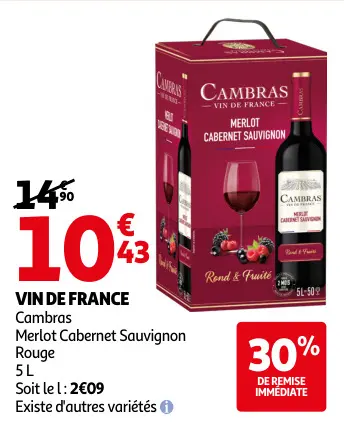 Offre: Cambras Vin de France Merlot Cabernet Sauvignon Rouge