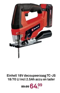 Aanbieding: Einhell 18V decoupeerzaag TC-JS 18/70 LI incl 2.5Ah accu en lader