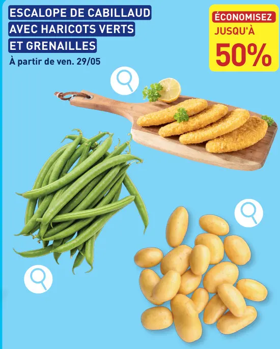 Offre: Escalope de cabillaud avec haricots verts et 