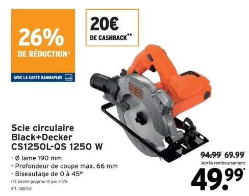 Offre: Scie circulaire Black+Decker CS1250L-QS 1250 