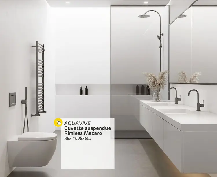 Offre: Cuvette suspendue rimless aquavive mazaro | finition blanc | abattant avec frein de chute