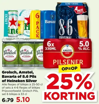 Aanbieding: Grolsch, Amstel, Bavaria of 8.6 Pils of Heineken Silver