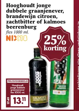 Aanbieding: jonge dubbele graanjenever, brandewijn citroen, zachtbitter of kalmoes beerenburg
