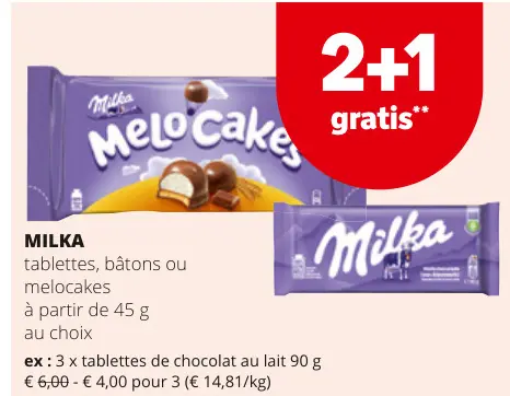 Offre: tablettes, bâtons ou melocakes