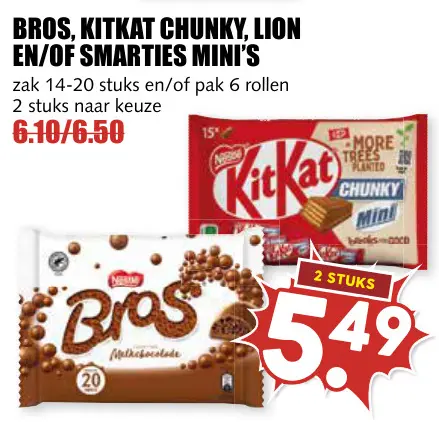 Aanbieding: Bros, KitKat chunky, Lion en/of Smarties mini