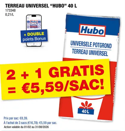 Offre: Hubo terreau universel 40l