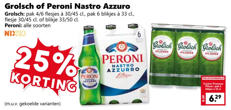 Aanbieding: Grolsch of Peroni Nastro Azzurro