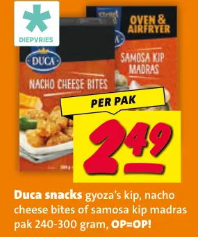 Aanbieding: Duca snacks gyoza's kip, nacho cheese bites of samosa kip madras