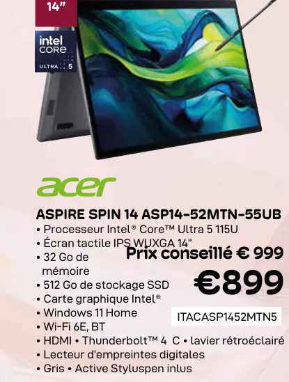 Offre: Aspire spin 14 asp14-52mtn-55ub
