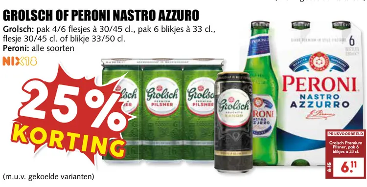 Aanbieding: Grolsch or Peroni Nastro Azzurro