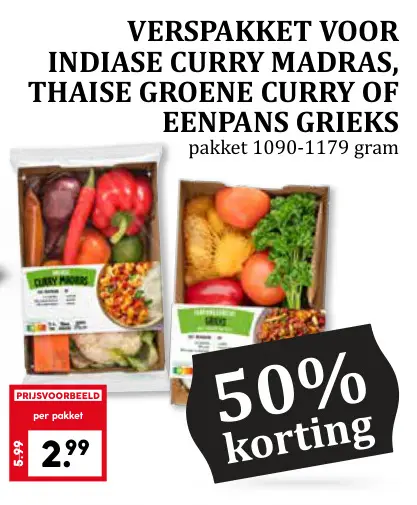 Aanbieding: Verspakket voor indiase curry madras, thaise groene curry of eenpans grieks