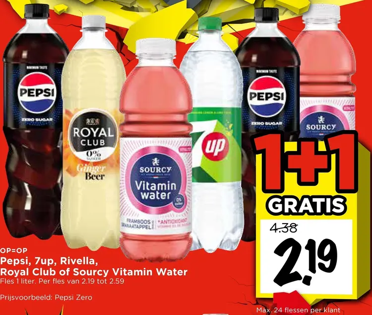 Aanbieding: Pepsi, 7up, Rivella, Royal Club of Sourcy Vitamin Water