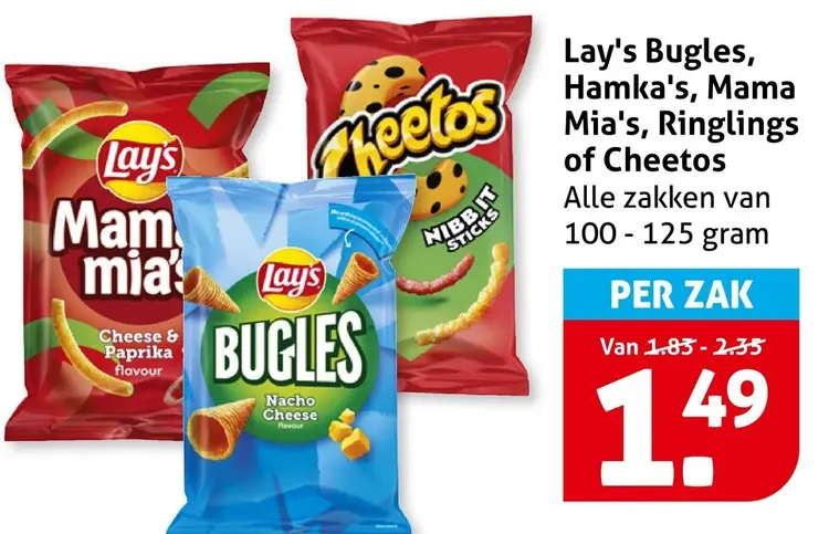 Aanbieding: Bugles, Hamka's, Mama Mia's, Ringlings of Cheetos