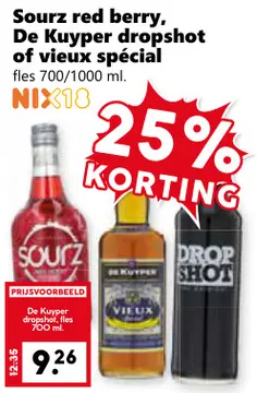 Aanbieding: Sourz red berry, De Kuyper dropshot of vieux spécial