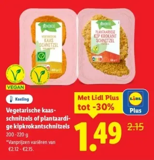 Aanbieding: Vegetarische kaas-schnitzels of plantaardige kipkrokantschnitzels