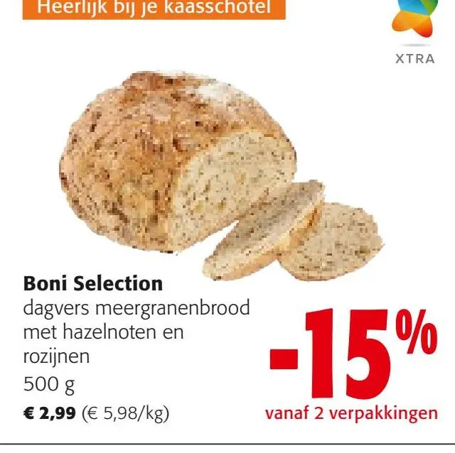 Aanbieding: dagvers meergranenbrood met hazelnoten en rozijnen