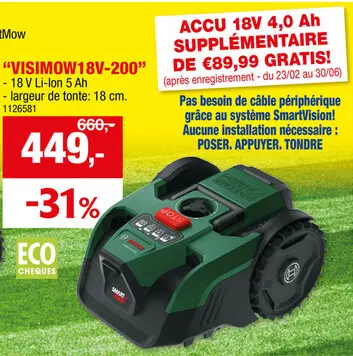 Offre: Bosch Visimow 18V-200 tondeuse robot 18V Li-Ion 200m²