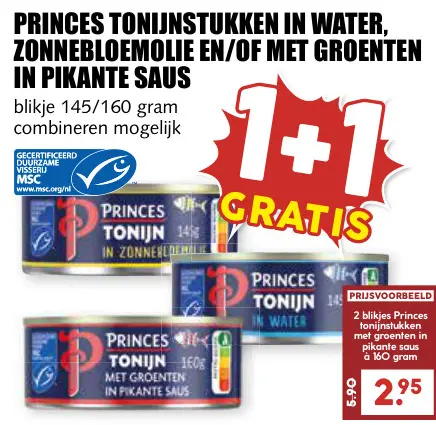 Aanbieding: Tonijnstukken in water, zonnebloemolie en/of met groenten in pikante saus