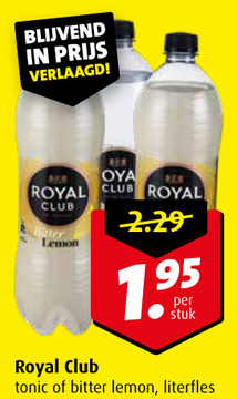 Aanbieding: Royal Club tonic of bitter lemon literfles