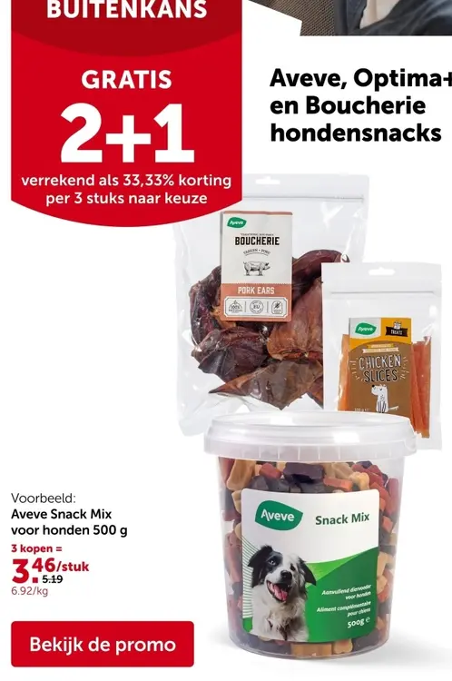 Promotie: Aveve, Optima+ en Boucherie hondensnacks