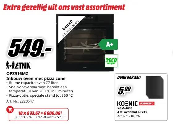 Promotie: ETNA OPZ916MZ Inbouw oven met pizza zone