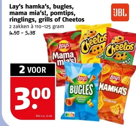 Aanbieding: Hamka's, bugles, mama mia's!, pomtips, ringlings, grills of Cheetos