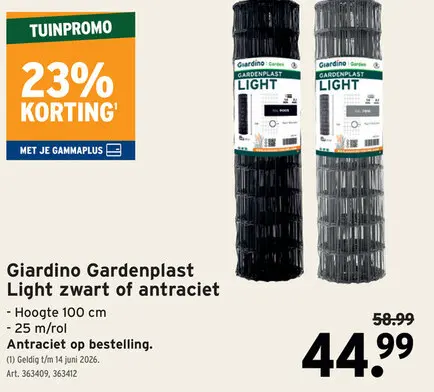 Promotie: Gardenplast Light zwart of antraciet