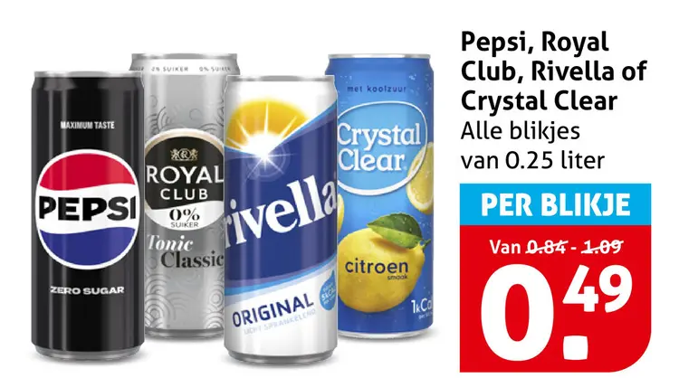 Aanbieding: Pepsi, Royal Club, Rivella of Crystal Clear