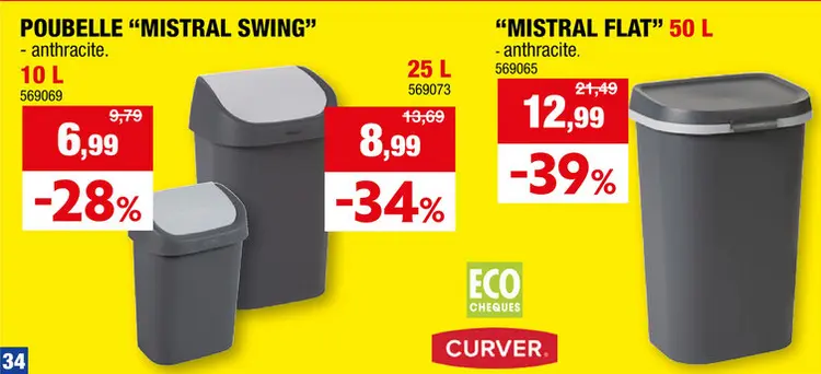 Offre: Curver Mistral Flat poubelle 50l anthracite