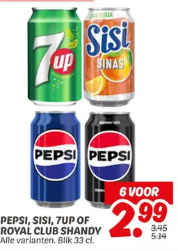 Aanbieding: Pepsi, SISI, 7UP of ROYAL CLUB SHANDY
